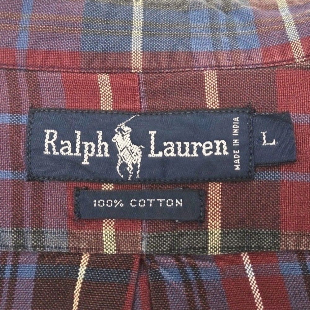 VTG-Ralph Lauren Mens Shirt L Plaid Pony Button Down LS Burgundy Cotton